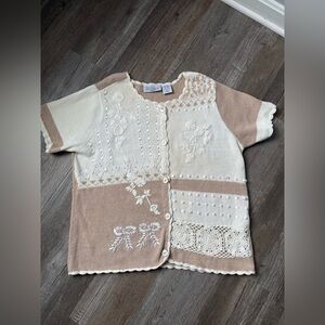 VTG BLAIR Cottage Core Pattern Beige White Retro Embroidered Cardigan Sweater XL